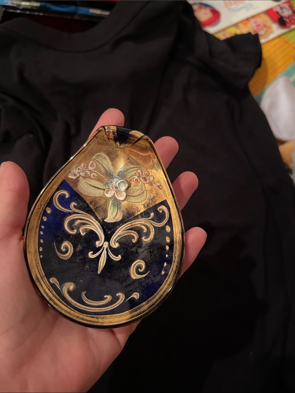 Hand-Painted Blue and Gold Decorative Glass Tray - Floral Accent